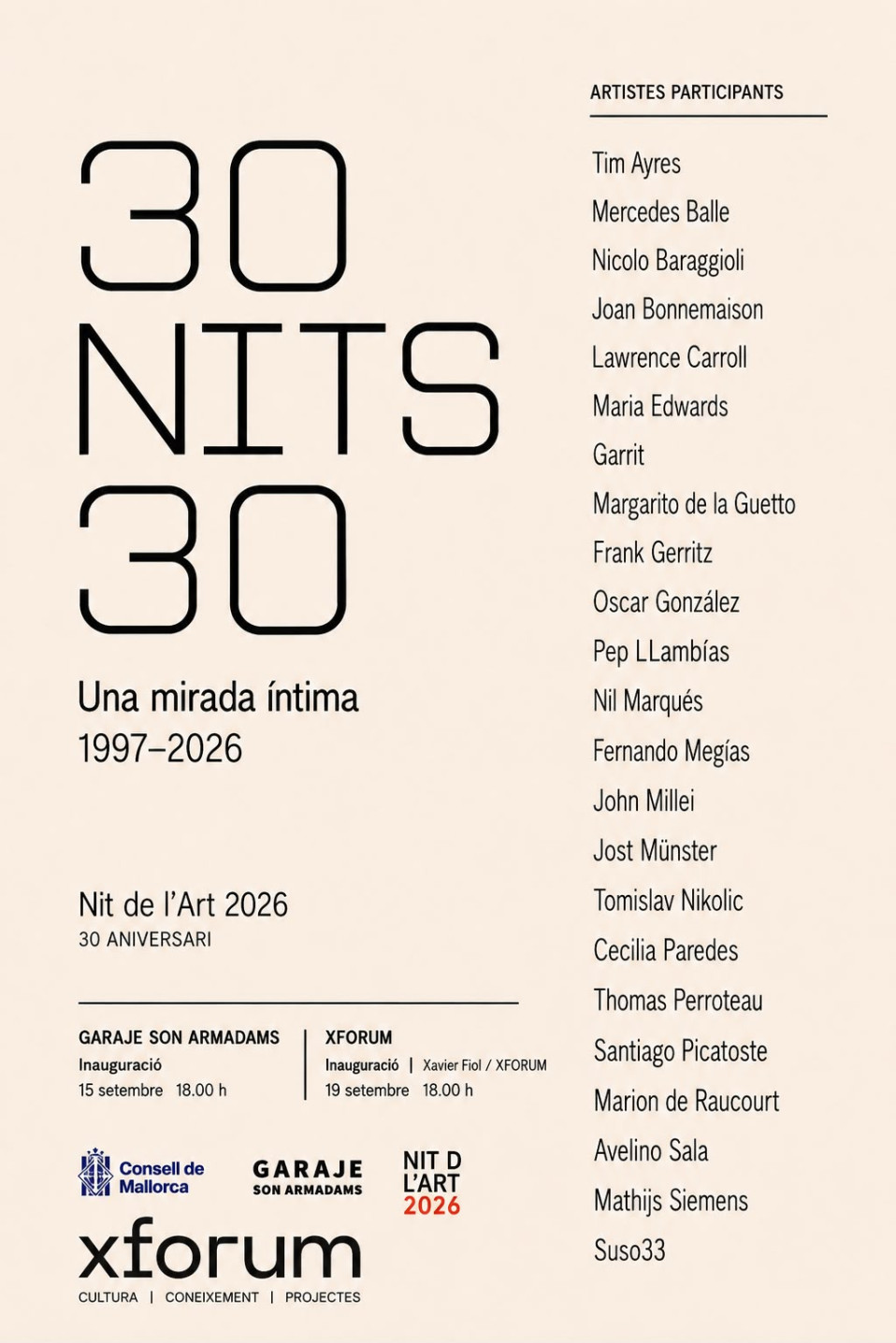 Galería XF en Garaje Son Armadams montaje de la exposición «30 NITS 30 Una mirada íntima 1997 – 2026» Nit de l’Art 2026. 30 Aniversari. Inauguració 15 Setembre 18:00h
